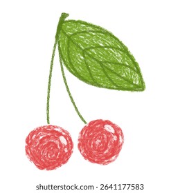 crayon doodle cherries pair, kid-friendly fruit clipart, rustic red berries and leaves