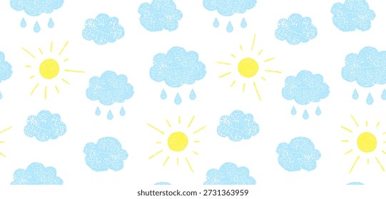 Crayon doodle clouds and sun on white background. Abstract seamless pattern of sky with yellow sun and clouds with rain drops, vector illustration