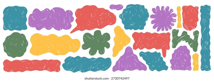 Crayon doodle collection featuring irregular borders, wavy rectangle blobs, and scalloped labels. Playful vector geometric elements with uneven edges perfect for childish collage and creative sticker.