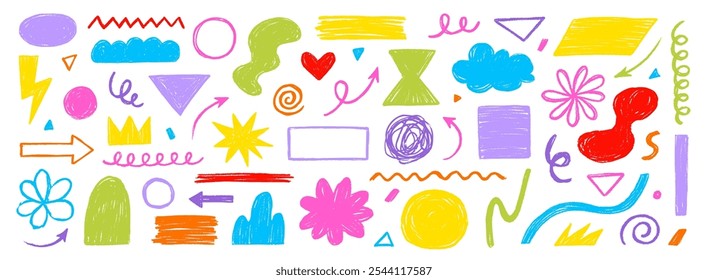 Forma de pincel de línea de garabato de color de crayón. Cepillo de lápiz de crayón pintura trazo textura doodle forma. Conjunto de fondo de marco dibujado a mano de Vector de figura gráfica de diseño abstracto. Ilustración vectorial