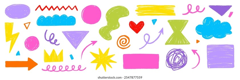 Crayon doodle color scribble line brush shape. Brush crayon pencil paint stroke texture doodle shape. Vector hand drawn frame background set of abstract design graphic figure. Vector illustration