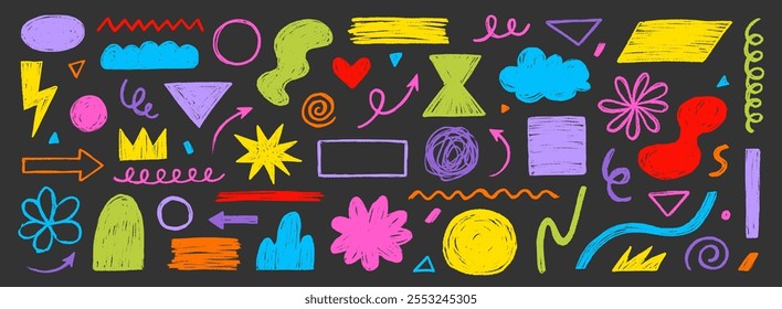 Crayon doodle color scribble line brush shape. Brush crayon pencil paint stroke texture doodle shape. Vector hand drawn frame background set of abstract design graphic figure. Vector illustration