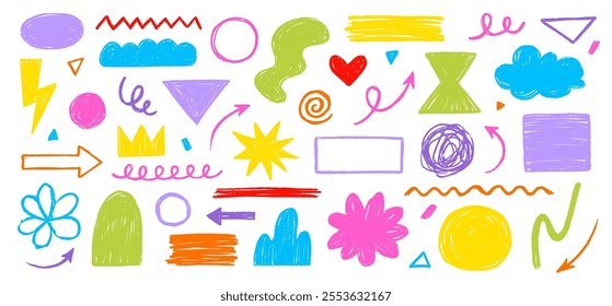 Crayon doodle color scribble line brush shape. Brush crayon pencil paint stroke texture doodle shape. Vector hand drawn frame background set of abstract design graphic figure. Vector illustration