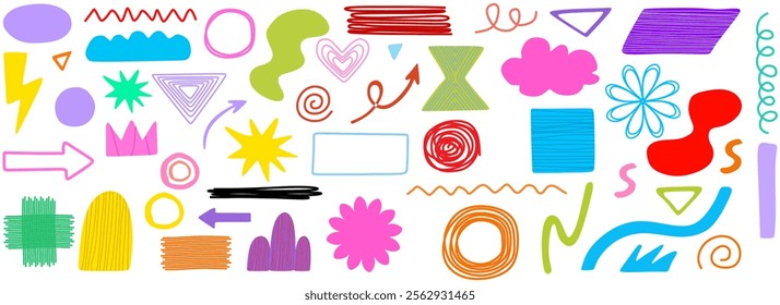 Crayon doodle colour scribble line brush shape. Brush crayon pencil paint stroke texture doodle shape. Vector hand drawn frame background set of abstract design graphic figure. Vector illustration