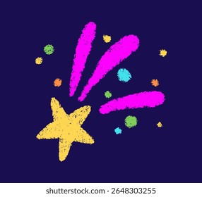 Símbolo estelar de cometa crayon doodle. Esboço desenhado à mão a lápis. Brilho mágico de giz. Estrela de textura de giz de cera. Ilustração vetorial sobre fundo branco.