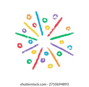 Icono de confeti de doodle de crayón. Lápiz de color dibujado a mano símbolo de fuegos artificiales. Confeti petardo de cumpleaños de color tiza. Elemento de círculo de Diseño gráfico de crayón. Ilustración vectorial aislada sobre fondo blanco