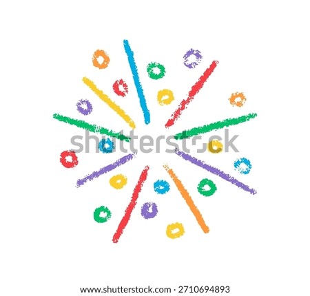 Crayon doodle confetti icon. Color pencil hand drawn firework symbol. Chalk color birthday firecracker confetti. Crayon graphic design circle element. Vector illustration isolated on white background