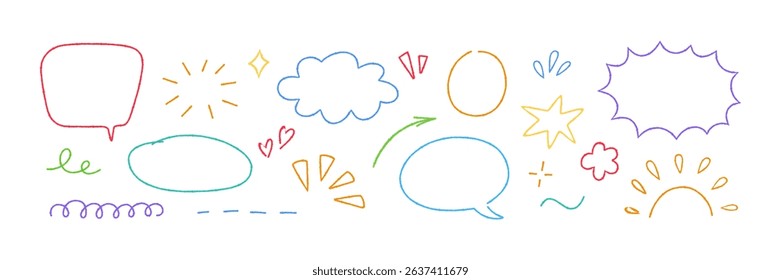 Crayon doodle element set. Hand drawn speech bubbles, star, cloud. Color pencil underline, arrow, spark drawing. Kid doodle chalk style flower, sun and circle. Vector illustration on white background.