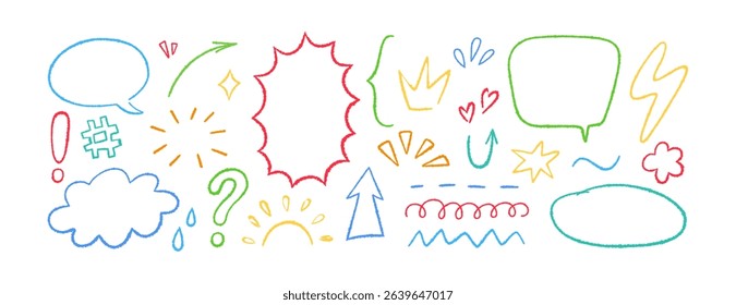 Crayon doodle element set. Hand drawn speech bubbles, star, cloud. Color pencil underline, arrow, spark drawing. Kids doodle chalk style flower, sun and drops. Vector illustration on white background.