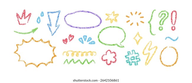 Crayon doodle element set. Hand drawn speech bubbles, star, cloud. Color pencil underline, arrow, spark drawing. Kids doodle chalk style hashtag and lightning. Vector illustration on white background.