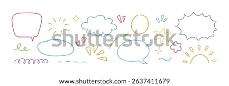 Crayon doodle element set. Hand drawn speech bubbles, star, cloud. Color pencil underline, arrow, spark drawing. Kid doodle chalk style flower, sun and circle. Vector illustration on white background.
