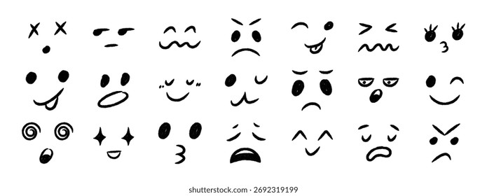 Conjunto de caras de emoji de doodle de crayón. Emoticonos dibujados a mano con varias expresiones felices, tristes y divertidas