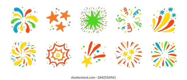 Crayon doodle firework symbol. Hand drawn firework pencil sketch. Chalk color magic sparkle. Crayon texture starburst. Vector illustration on white background.
