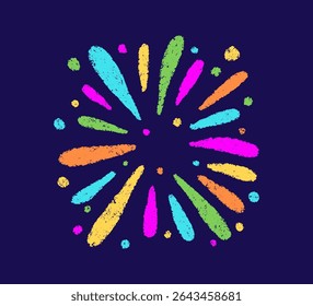 Crayon doodle firework symbol. Hand drawn firework pencil sketch. Chalk color magic sparkle. Crayon texture burst. Vector illustration on white background.