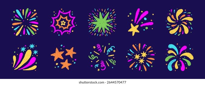Crayon doodle firework symbol. Hand drawn firework pencil sketch. Chalk color magic sparkle. Crayon texture starburst. Vector illustration on white background.