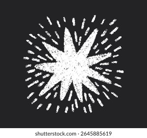 Crayon doodle símbolo de fuegos artificiales. Dibujado a mano boceto de lápiz de fuegos artificiales. Estrella mágica de tiza. Textura de crayón starburst. Ilustración vectorial sobre fondo blanco.