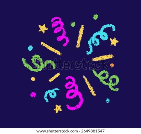 Crayon doodle firework symbol. Hand drawn firework pencil sketch. Chalk color magic sparkle. Crayon texture burst. Vector illustration on white background.