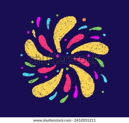 Crayon doodle firework symbol. Hand drawn firework pencil sketch. Chalk color magic sparkle. Crayon texture burst. Vector illustration on white background.