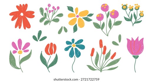Conjunto de flores de doodle de crayón aisladas en blanco. Ilustración vectorial de lindas plantas pastel dibujadas a mano, diseño de flores de color brillante, jardín botánico o Elementos de campo de flores silvestres, decoración de tarjetas de felicitación