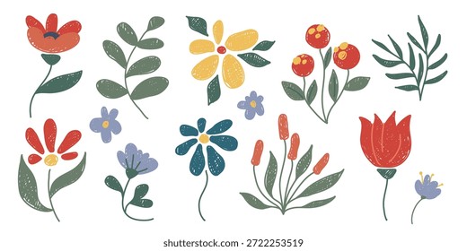 Crayon doodle flores conjunto isolado no branco. Ilustração vetorial de plantas de pastel desenhadas à mão bonito, design de flores de cor brilhante, elementos de jardim botânico ou de campo de flores silvestres, decoração de cartão de saudação