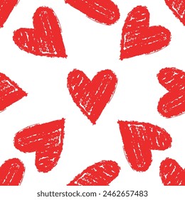 Crayon doodle hearts background. Grunge texture red heart seamless pattern. Modern romance print for textile, paper, packaging, design, vector graphics