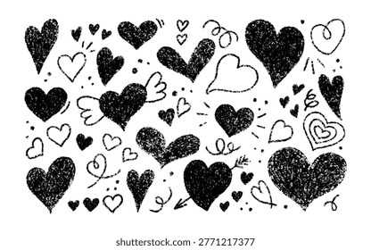 Crayon doodle hearts set