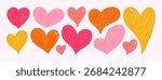 Crayon Doodle Hearts. Vector Chalk and Pencil Heart Shape in Pastel Color. Hand Drawn Love Icon Set in Kids Style for Web Design, Patterns, Logos, Valentines Day Cards