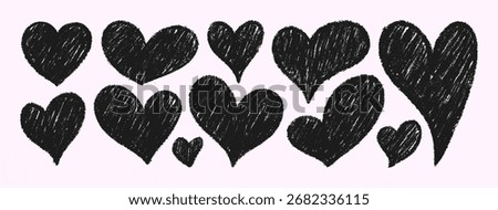 Crayon Doodle Hearts. Vector Chalk and Pencil Heart Shape in Black Color. Hand Drawn Love Icon Set in Kids Style for Web Design, Patterns, Logos, Valentines Day Cards