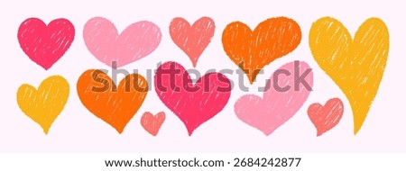 Crayon Doodle Hearts. Vector Chalk and Pencil Heart Shape in Pastel Color. Hand Drawn Love Icon Set in Kids Style for Web Design, Patterns, Logos, Valentines Day Cards
