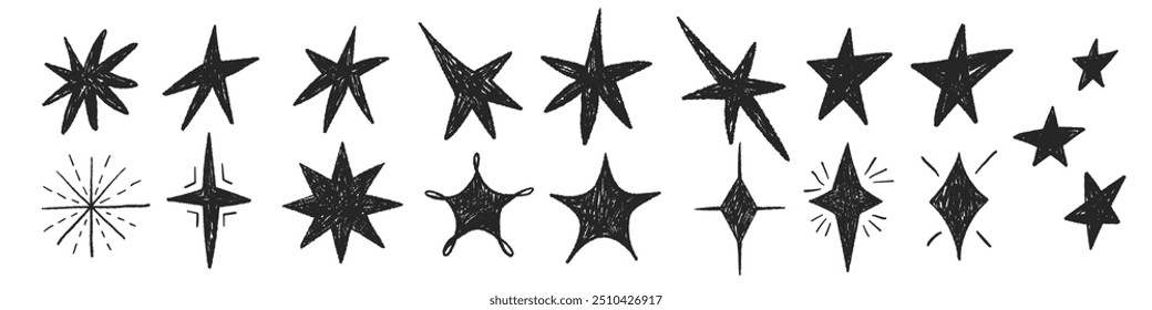 Crayon doodle com luz, brilho, brilho de estrelas. Ilustração de vetor preto e branco desenhado à mão para crianças em estilo desenhado à mão.