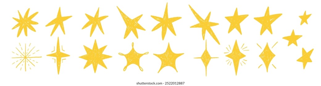 Crayon doodle com luz, brilho, brilho de estrelas. Ilustração vetorial desenhada à mão para crianças em estilo desenhado à mão.