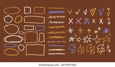  Kreide-Doodle-Linie Symbol setzen Markierungen, Kreuze, Skizzen Linien, Sterne, Blitze, Sprechblasen. Pastel Bleistift Kind Zeichnung für Noten.