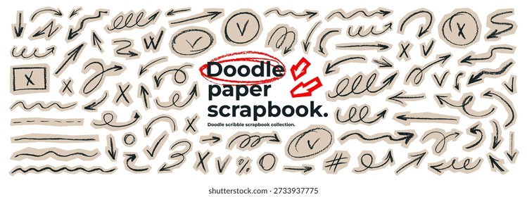 Crayon doodle scrapbook flechas para el diseño de collage. Flechas de carbón dibujadas a mano, subrayados y marcas de verificación en papel beige de la ciudad. Scrapbook doodle elemento para nota dibujada a mano y collage. Ilustración de tinta