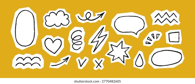 Crayon doodle scrapbook elements. Hand drawn cutout collage stickers. Collage oval, wave and arrow. Paper scrapbook vintage shape with crayon texture. Kid sketch drawing. Vector pencil illustration.