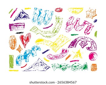 Crayon doodle set. Abstrato formas geométricas brilhantes. Lápis de giz. Figuras modernas, estilo de esboço criança pincel. Ilustração de vetor desenhada à mão isolada no plano de fundo branco