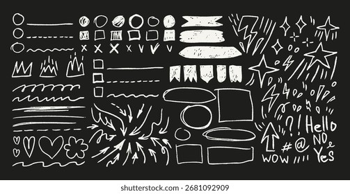  Crayon doodle set with arrows, underlines, stars, hearts, sketchy irregular forms with crayon scribble textures for school notes, collage or scrapbook.