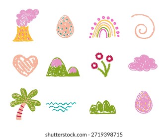 Crayon doodle set para proyectos infantiles. Lindo dibujo infantil al pastel con huevo de dinosaurio prehistórico, volcán, arco iris y nube para la escuela, uso de jardín de infantes. Elementos de doodle ingenuos felices.