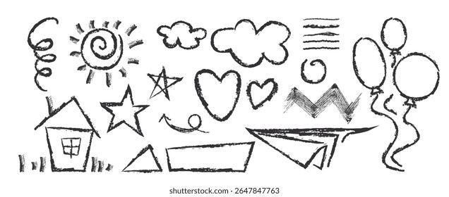 Crayon doodle shape collection with sun and cloud, stars and hearts, house and paper airplane, zigzag pattern, wind lines and balloons. Hand drawn black sketchy elements for school playful design.