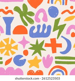 Crayon doodle shapes pattern. Seamless print of abstract funny hand drawn scribble blobs, abstract brush pencil elements for kids fabric design. Vector texture.