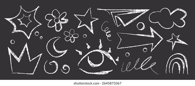 Crayon doodle shapes. White chalk drawings on blackboard - stars and flowers, moon and eye, crown, arrows and clouds, rainbow and paper plane, swirls for education or children creative backgrounds.