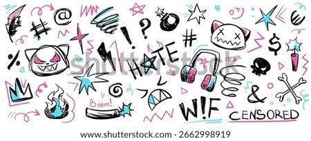 Crayon doodle speech bubbles with colorful chalk lines and abstract swear words. Angry expressions, rude symbols, curse shapes. Vector hand drawn conversation frames with bad, negative emotion