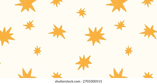 Crayon doodle stars seamless pattern. Shine sparkle hand drawn comic background. Children baby style yellow pencil texture spark. Grunge bling shapes. Playful wallpaper textile design