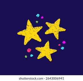 Crayon doodle stars symbol. Hand drawn firework pencil sketch. Chalk magic sparkle. Color crayon texture kid star. Vector illustration on white background.
