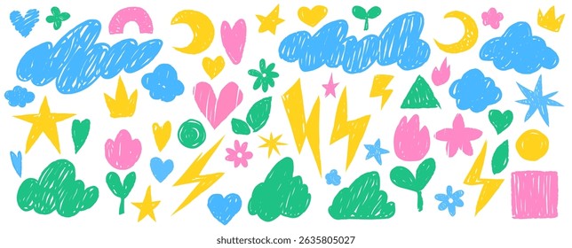 Crayon doodle sticker set - colorful childish scribbles of hearts and stars, clouds and flowers, lightning bolts and simple geometric shapes. Cute decorative sketchy forms for kids design projects.