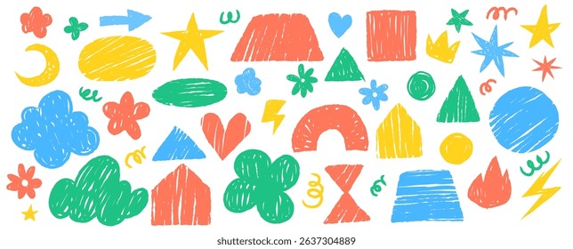 Crayon doodle sticker set - colorful childish scribbles of hearts and stars, clouds and flowers, lightning bolts and simple geometric shapes. Cute decorative sketchy forms for kids design projects.