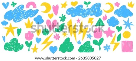 Crayon doodle sticker set - colorful childish scribbles of hearts and stars, clouds and flowers, lightning bolts and simple geometric shapes. Cute decorative sketchy forms for kids design projects.
