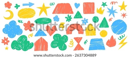 Crayon doodle sticker set - colorful childish scribbles of hearts and stars, clouds and flowers, lightning bolts and simple geometric shapes. Cute decorative sketchy forms for kids design projects.