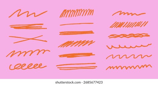 Crayon draw doodle line set with sketchy strokes, highlights, underlines, scribbles, dividers, strikethroughs in chalk pen textures. Vector girly style for text, notes.	
