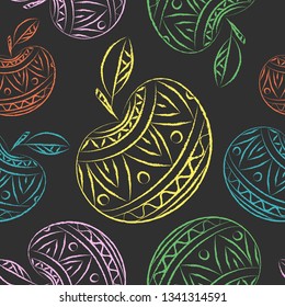 Crayon drawing apple seamless pattern on deep dark grey background. Vector illustration.