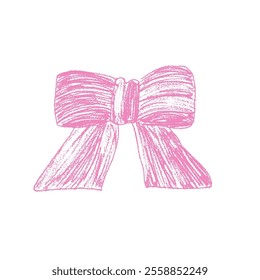 Crayon drawing bow in butterfly shape. Coquette pink chalk ribbon for festive decoration. Holiday packaging band. Vector illustration isolated on white background.